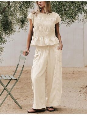 Cream Smocked Top & Wide Leg Pants 2-Piece Set XL NWT